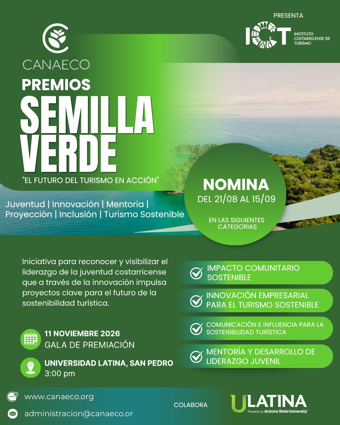 Premios Semilla Verde Costa Rica: convocatoria para jóvenes líderes en turismo sostenible